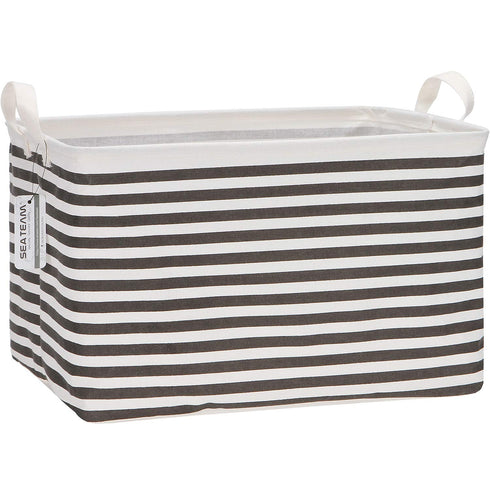 Sea Team Collapsible Canvas Fabric Storage Basket with Handles, Rectangle Waterproof Storage Bin, Box, Cube, Foldable Shelf Basket, Closet Organizer, 16.5 x 11.8 x 9.8 Inches, Black Stripe